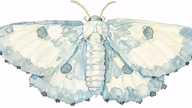 Watercolor moth with intricate blue and white patterns