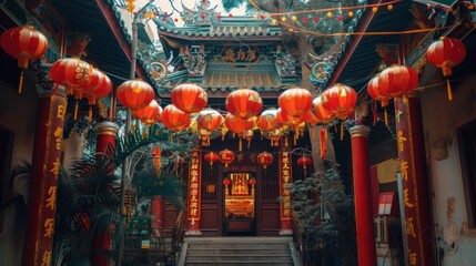 Beautifully decorated temple entrance for Chinese New Year celebrations with lanterns and banners