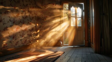 Sunlight creates a pattern of light when it filters through an open door