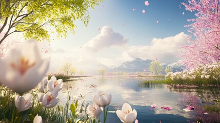A peaceful nature scene with blooming flowers and clear skies, offering an uplifting and calming escape from the hustle and bustle of daily life.