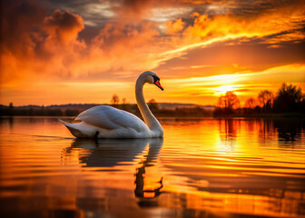 Fototapeta premium Majestic swan's elegant silhouette stands out against a vivid orange sky at dusk, reflecting serene beauty and peacefulness in a tranquil lake setting.