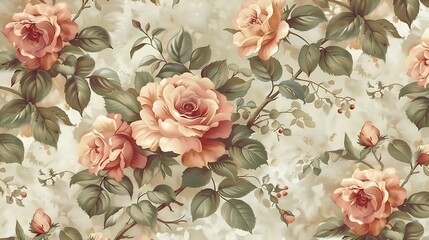 A beautifully detailed vintage wallpaper featuring a floral tapestry of richly detailed roses and tulips. The flowers are rendered in soft, muted hues with intricate designs,