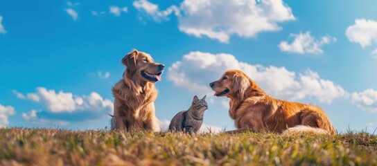 Golden Retrievers and a Cat Enjoying a Sunny Day