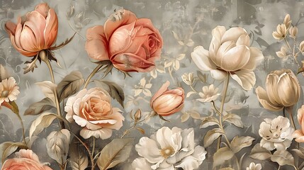 Fototapeta premium A beautifully detailed vintage wallpaper featuring a floral tapestry of roses and tulips.
