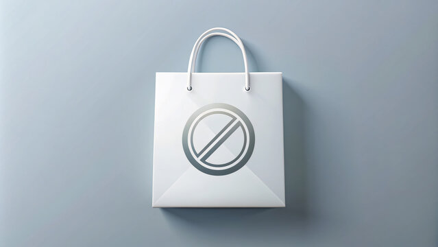 Minimalist white shopping bag icon with a forbidden or prohibition symbol overlaid, indicating a store or brand is sulfur laureth sulfate-free.