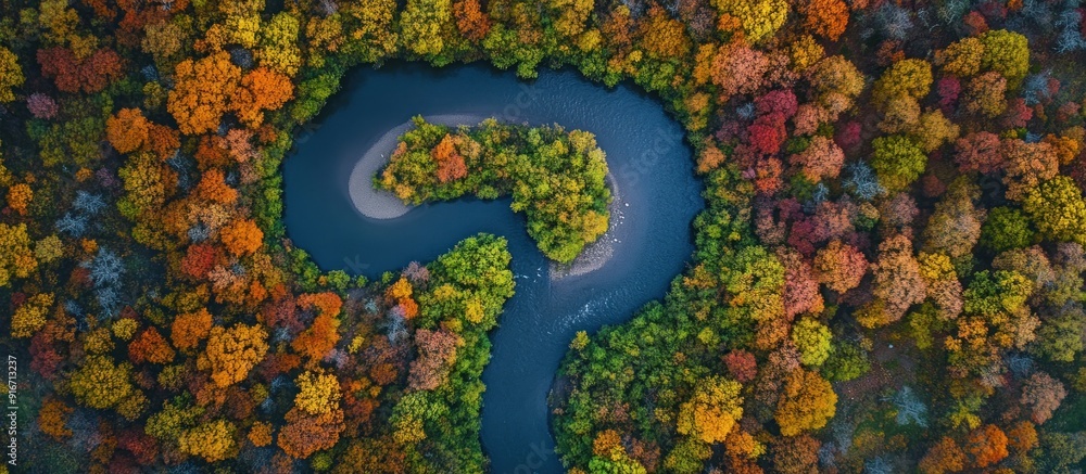 Wall mural Aerial View of a Winding River in a Colorful Autumn Forest