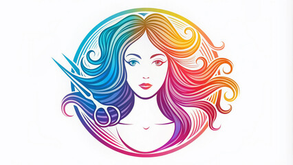 Modern beauty logo concept featuring a pair of scissors surrounded by stylized hair strands, incorporated into a circular shape with clean lines and bold colors.