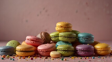 Vibrant and colorful image of assorted macarons arranged on a light pink background. The macarons come in various colors including pink, brown, yellow, green, and orange