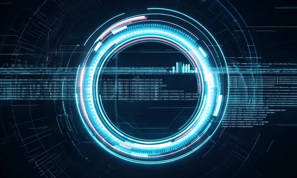 Futuristic Interface: A glowing blue ring pulses with energy against a dark digital backdrop, suggesting a cutting-edge technology interface, perfect for representing progress, innovation, and the fut