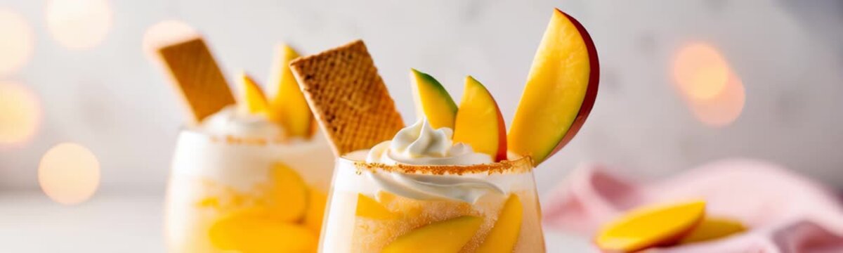 Two refreshing mango parfaits topped with whipped cream, fresh mango slices, and wafer sticks are presented against a soft warm bokeh background