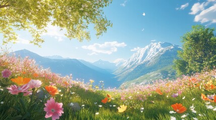 A peaceful nature scene with blooming flowers and clear skies, offering an uplifting and calming escape from the hustle and bustle of daily life.