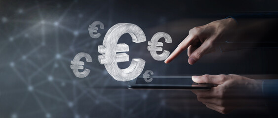 hand holding smartphone with euro symbol coming out of the money, business concept