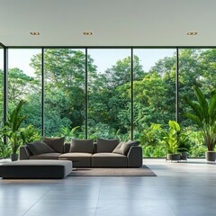 A living room with a large window and a couch. The room is very bright and airy, with lots of greenery and plants. The couch is a dark grey color and is positioned in front of the window