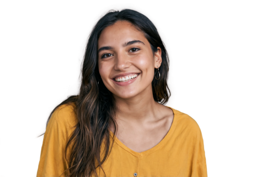 smiling woman with long hair isolated on a transparent background