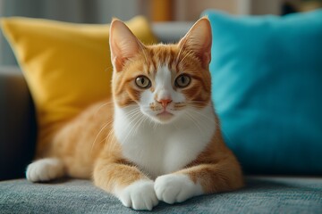 Pet cat with half of his face a different color, heterochromia, unusual coloring, markings, sitting in a living room, close up, natures fluke.
