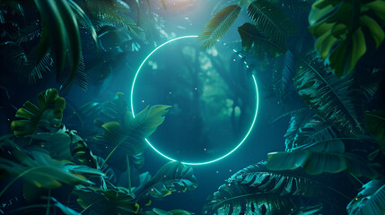 A bright green neon circle stands out against a backdrop of dark tropical leaves.