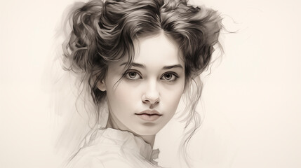 Fototapeta premium woman portrait drawing, woman portrait pencil drawing vintage.