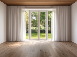 A large open room with white curtains and a large window. The room is empty and has a clean, minimalist look