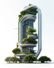 Futuristic building architecture with green concept isolated on white background, version 4