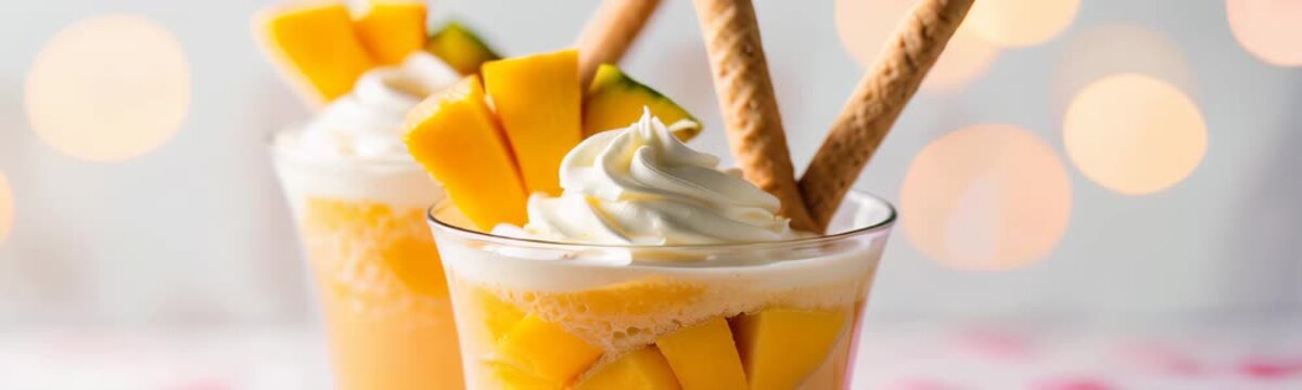 Two refreshing mango parfaits topped with whipped cream, fresh mango slices, and wafer sticks are presented against a soft warm bokeh background