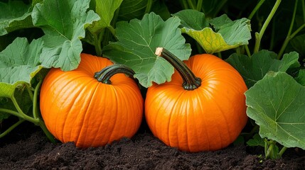Pumpkins Growing In A Garden Bed, Autumn Harvest