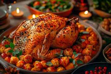 Succulent roast turkey surrounded by seasonal sides on a festive dining table