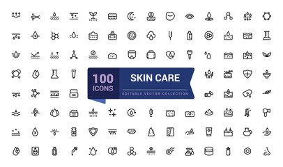 Skin care line icons set. Moisture cream, acid, anti wrinkle serum, creamed, collagen. Pixel perfect, minimalistic web and UI icon. Outline icon collections.