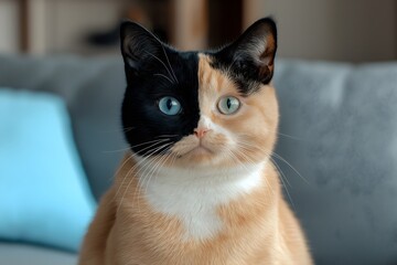 Pet cat with half of his face a different color, heterochromia, unusual coloring, markings, sitting in a living room, close up, natures fluke.