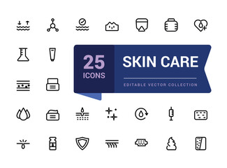 Skin care line icons set. Moisture cream, acid, anti wrinkle serum, creamed, collagen. Pixel perfect, minimalistic web and UI icon. Outline icon collections.
