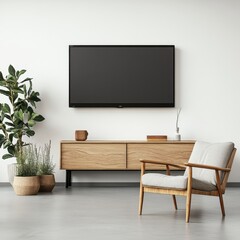 A television is mounted on the wall in a living room. A chair is placed in front of the television. The room is decorated with a potted plant and a vase