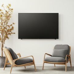A black television is mounted on the wall in a living room. Two chairs are positioned in front of the television, one on the left and one on the right. The room has a modern and minimalist design