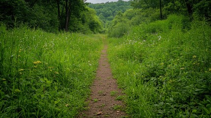 Fototapeta premium Red Cat Walking Alone In A Summer Forest, Strolling Along A Path