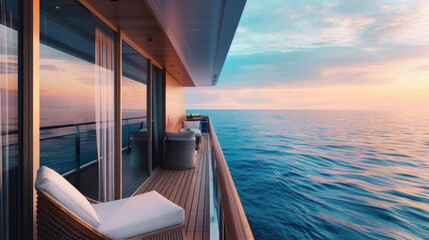 Fototapeta premium A luxurious cruise ship balcony, extending over the sparkling blue ocean. A serene and inviting atmosphere, symbolizing the allure and contemplative nature of choosing a balcony room on a cruise. 
