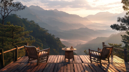 Two wooden chairs and a table with tea sit on a rainy porch, overlooking misty mountains.