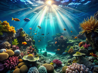 Rocky ocean floor landscape with sunlight filtering down, revealing diverse marine life thriving in the darkest, most PRESSING depths of the abyssal zone.