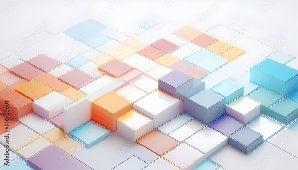 Poster colorful geometric shapes arranged in a layered abstract pattern on a light background