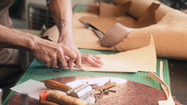 Artisan carefully using a sharp knife to shape the leather on cutting mat in his workshop. Handicraft business concept