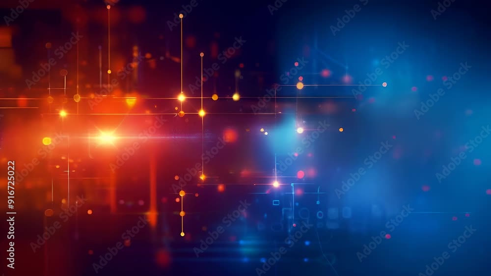 Poster video of glowing lines and nodes in abstract digital network on dark background, blending blue and o
