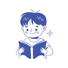 Cute cartoon boy with a book, simple blue illustration.

