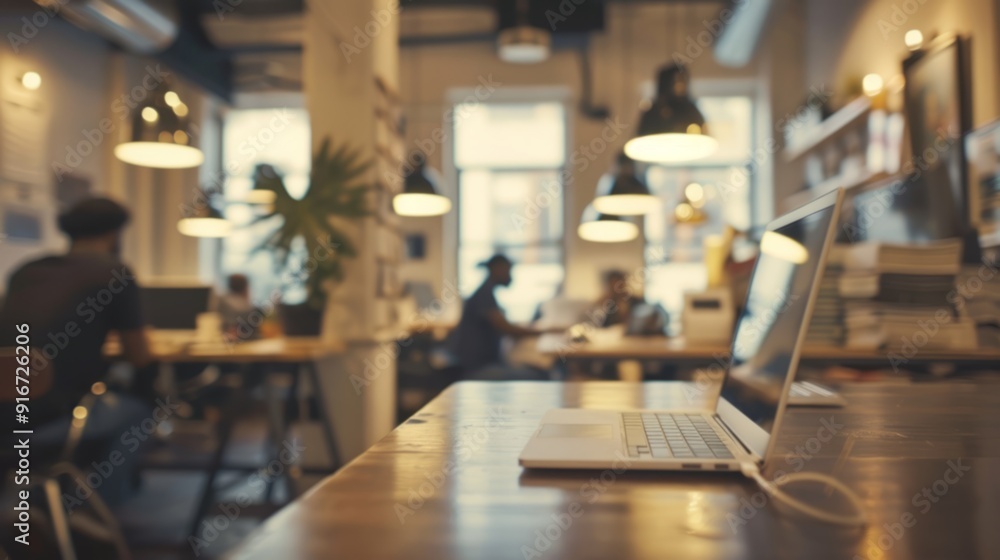 Poster laptop on desk in blurred office setting. a blurred background of a modern office space with a lapto