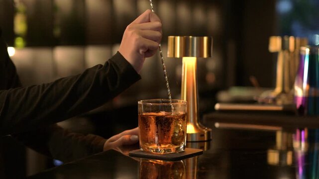 Female bartender stirring whisky in glass on the bar counter. Drinks and party concept