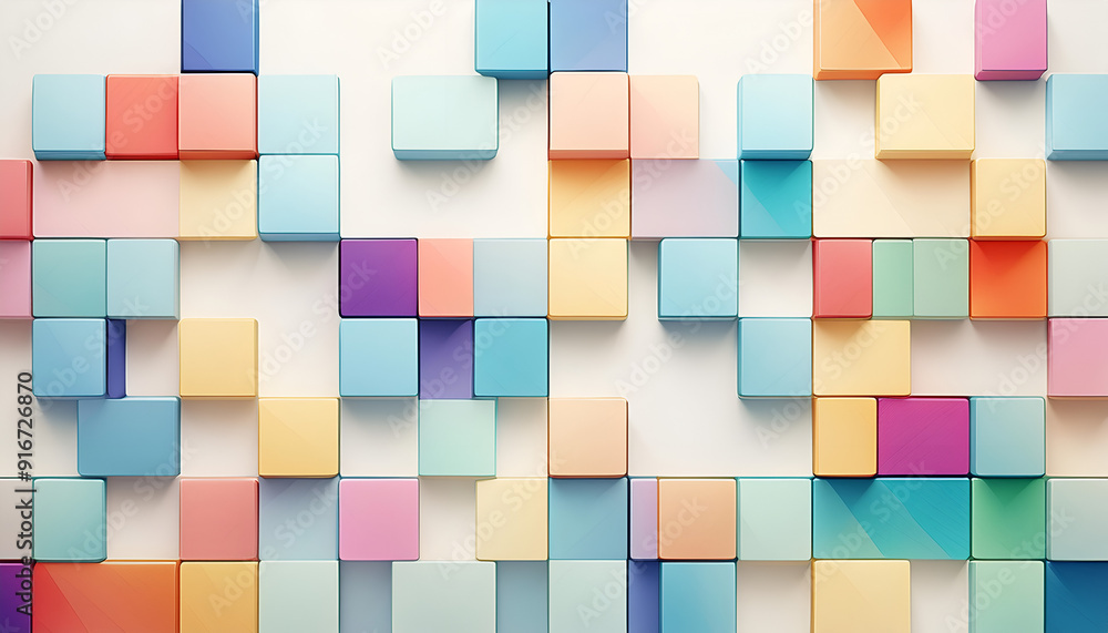 Poster colorful geometric blocks arranged in a playful pattern on a light background