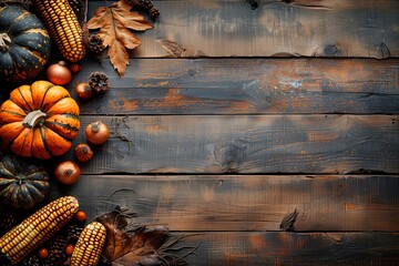 Autumn harvest display with pumpkins, corn, leaves, and pinecones on wooden background, copy space for text