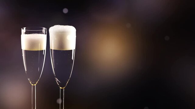 closeup of two champagne glasses with blurred firework on festive sky background, motion design concept for celebration holiday and party, happy new year greeting card
