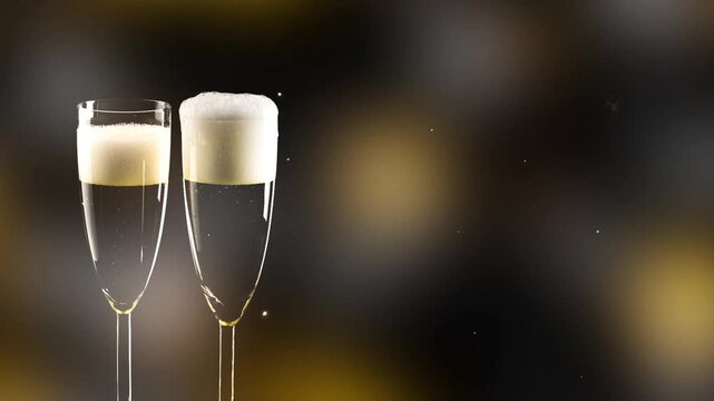 closeup oft wo champagne glasses with golden firework on festive sky background, motion design concept for celebration holiday and party, happy new year party invitation card