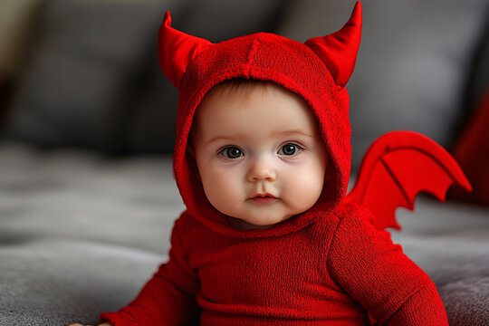 Cute baby wearing red Halloween devil costume hoodie with horns and wings