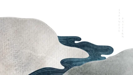 Fotobehang Hokusai The Great Wave Japanese background with hand drawn wave line vector. Blue watercolor painting texture in vintage style. Presentation template design, poster, flyer, website backgrounds, banner or advertising.  © Marukopum