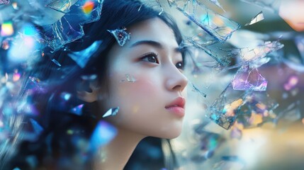 Asian Woman Surrounded by Vibrant Shattered Glass Data Visualization