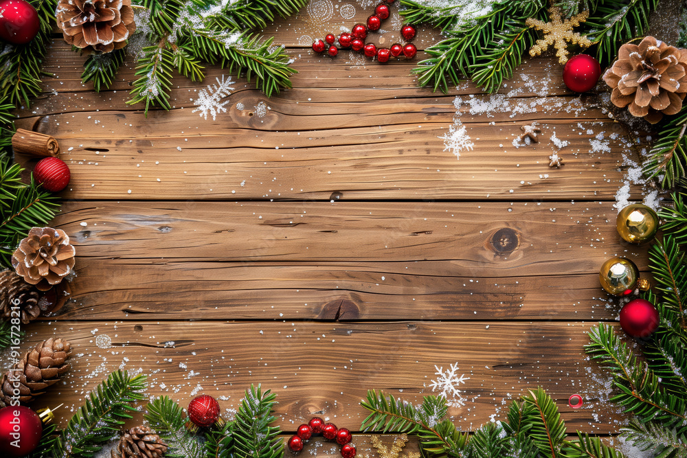 Sticker christmas background with fir branches, decorations and ornaments in the frame and empty space on ru