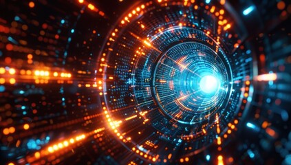Fototapeta premium Abstract Digital Tunnel with Orange and Blue Lights